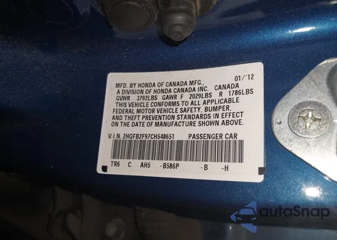 2012 Honda Civic Ex-L from USA, damaged, VIN 2HGFB2F97CH548651